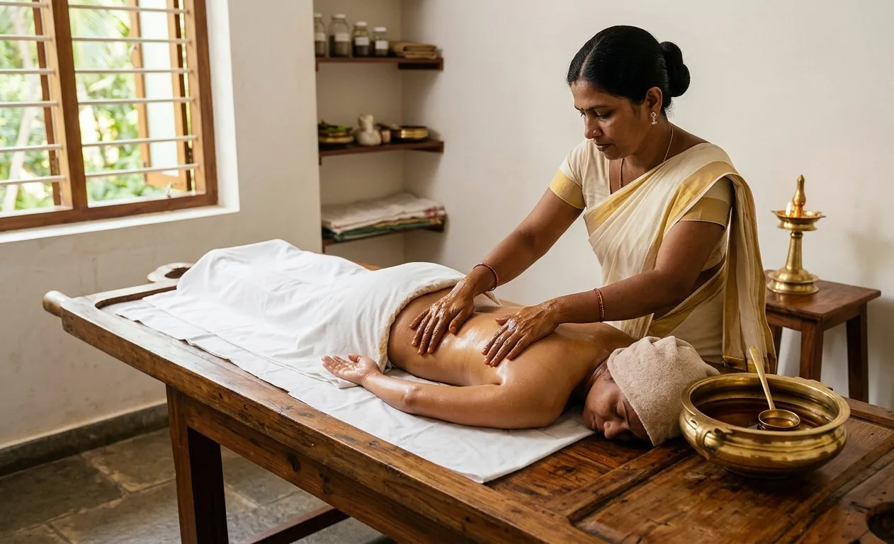 A therapist performing traditional warm Thailam massage on a patient lying on a wooden treatment table