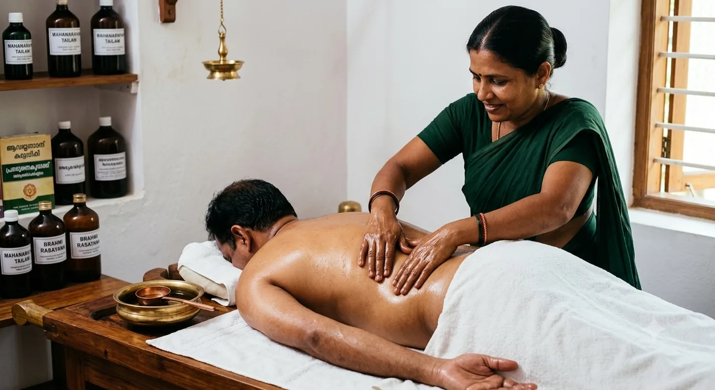 A therapist working on a patient’s back and shoulders beside shelves of traditional medicated Thailams
