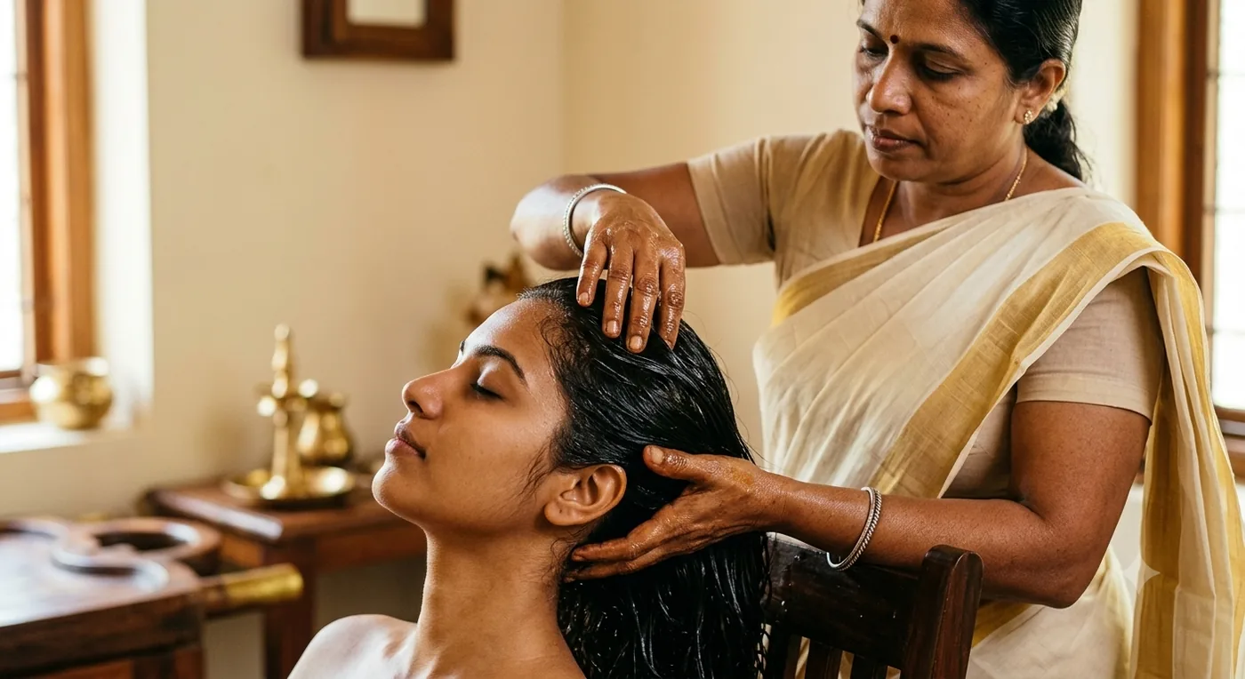 A therapist giving a traditional Kerala head and scalp Thailam massage to a seated patient