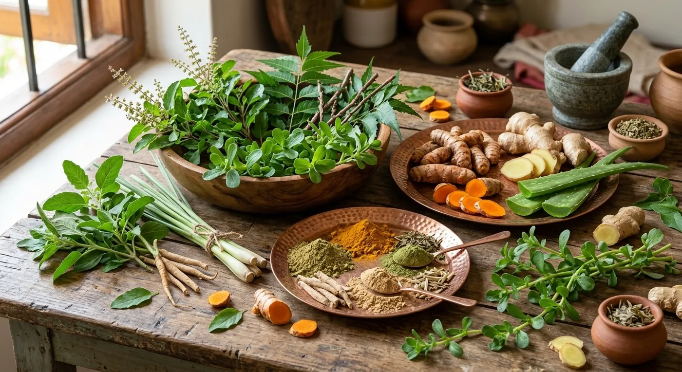 Fresh Ayurvedic herbs, turmeric, ginger and ground powders laid out on a wooden preparation table