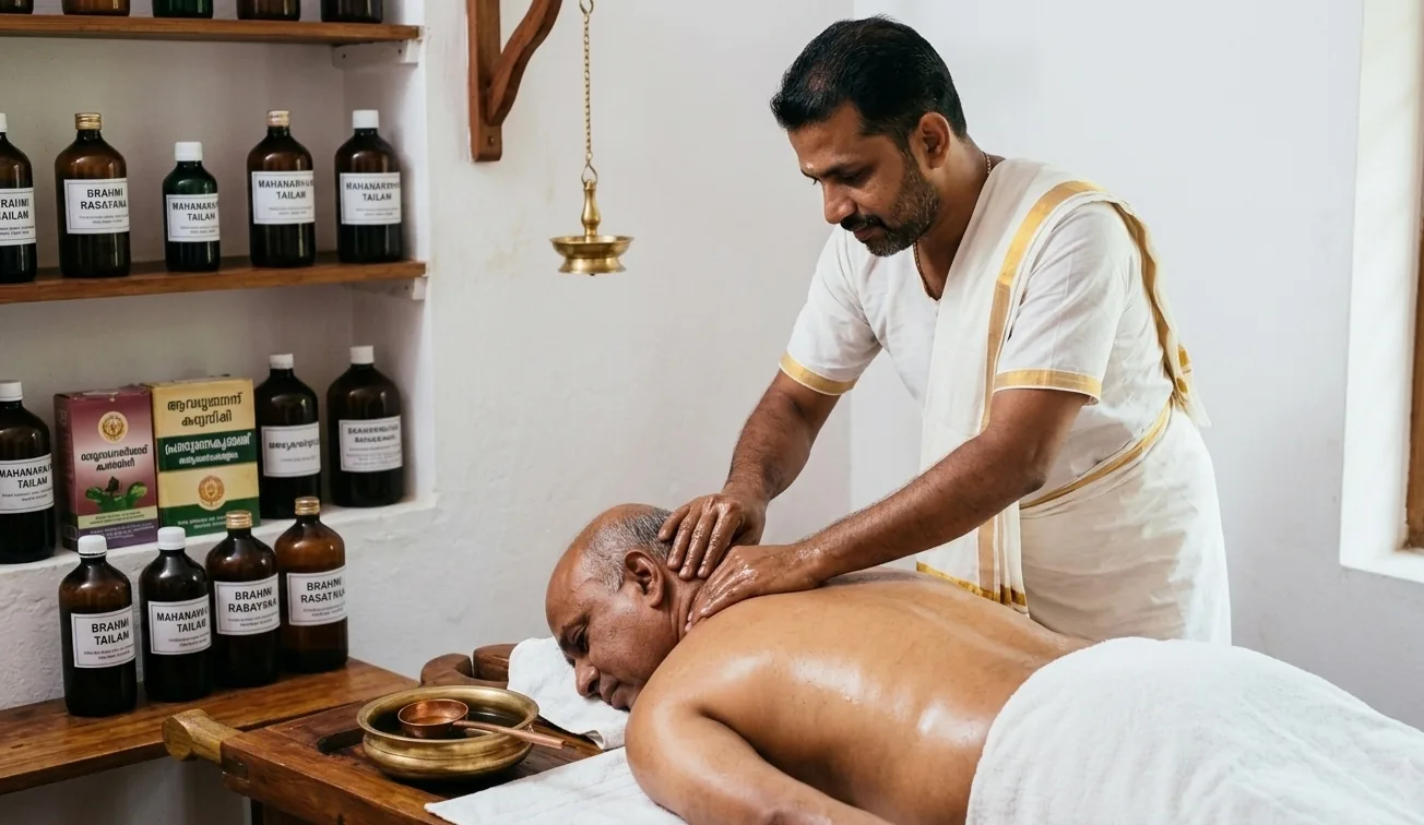 A therapist working with both hands along the neck and shoulders of a patient lying face down, beside shelves of labelled herbal Thailams