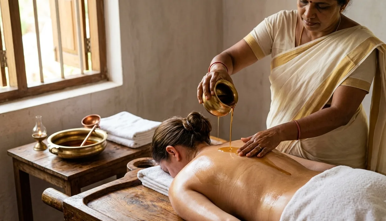 A therapist pouring warm herbal Thailam onto a patient’s back during traditional Kerala Thailam therapy