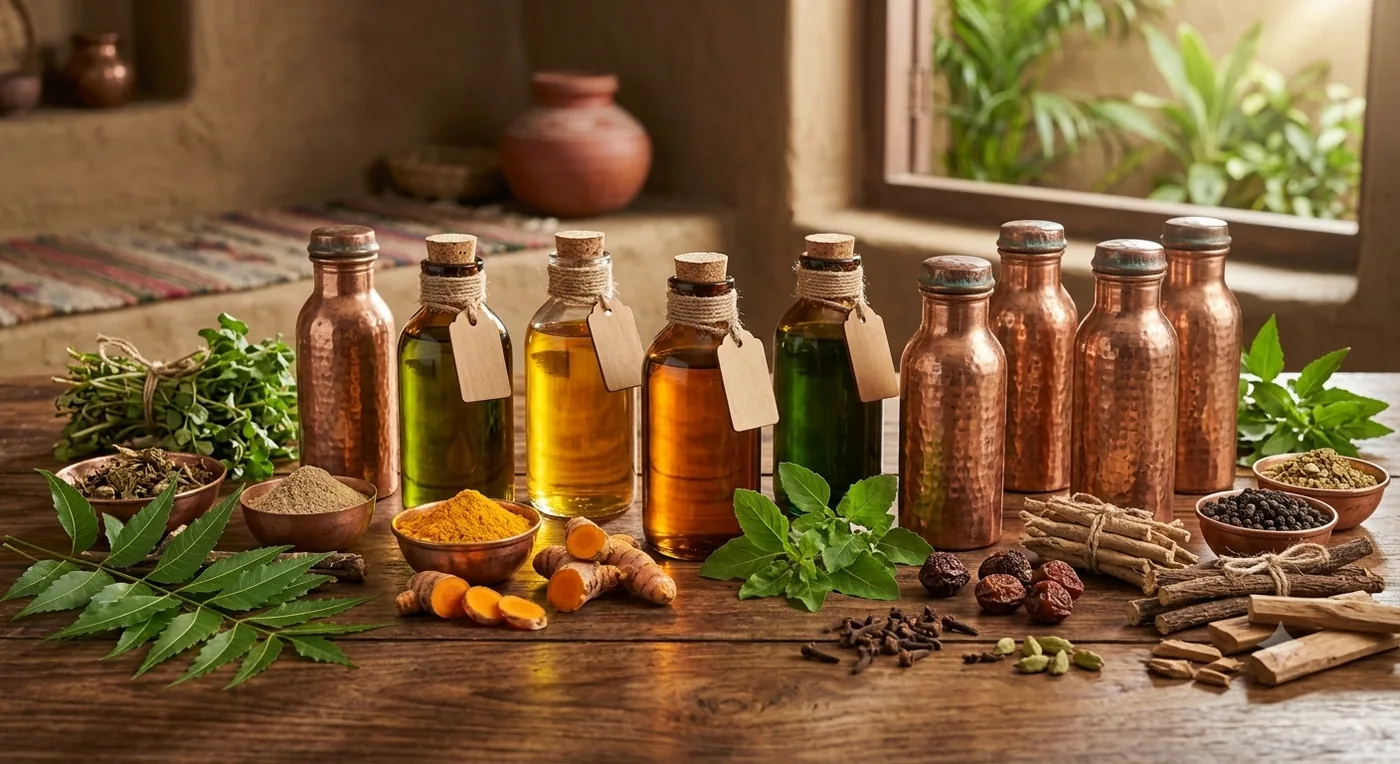 Bottles of traditional herbal Thailams and hammered copper vessels on a wooden table