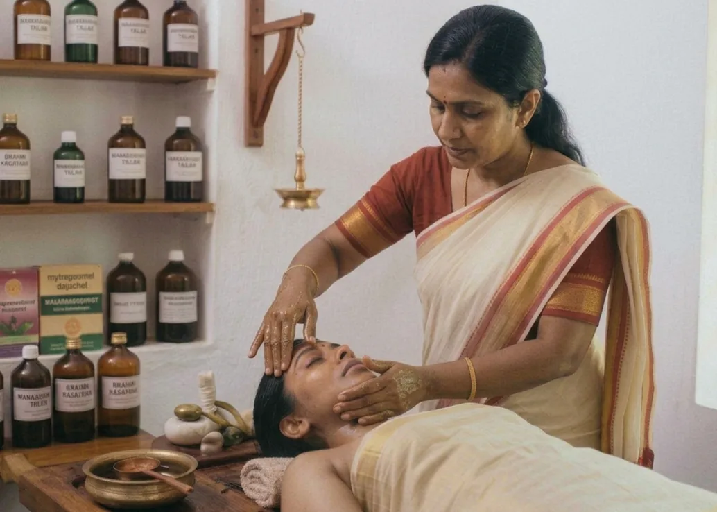 A therapist working gently on a patient’s head and face during a traditional Kerala Ayurvedic treatment
