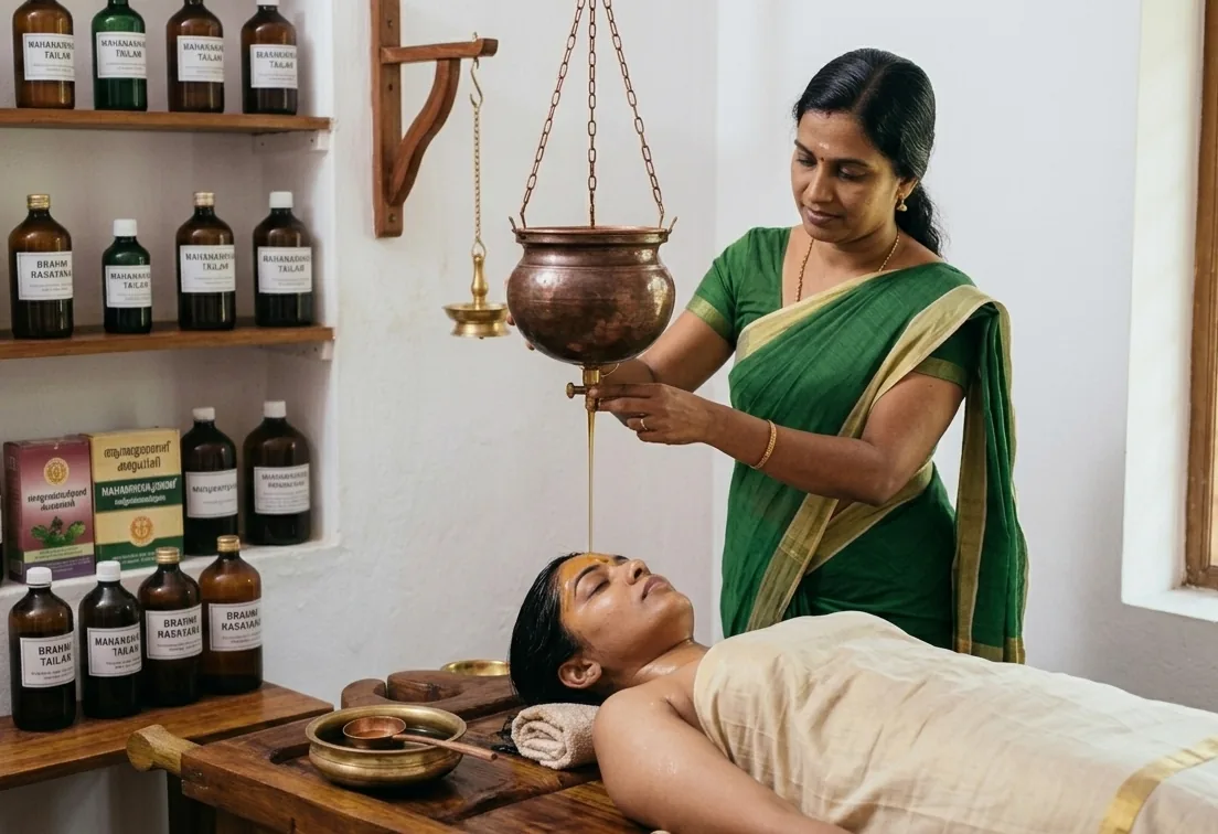 A therapist pouring a steady stream of warm herbal Thailam onto a patient’s forehead from a hanging copper vessel during Shirodhara