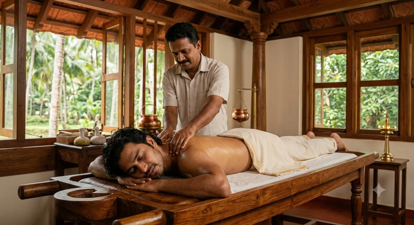 A therapist working on a patient’s shoulders in an open, wood-framed Kerala therapy room