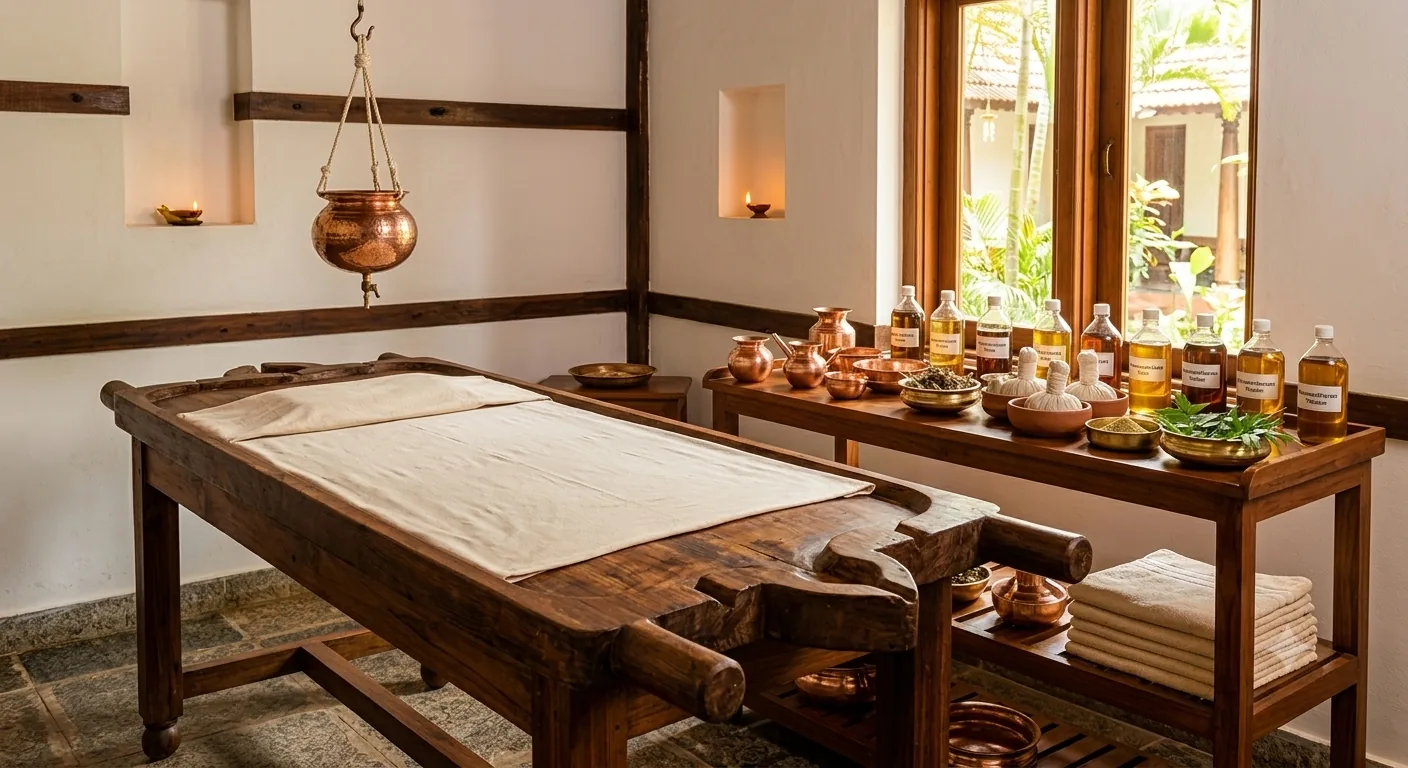 A traditional Kerala treatment room with a wooden droni, hanging copper vessel and shelves of herbal Thailams